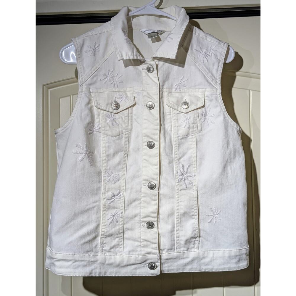 Christopher & Banks White Denim Silver Tone Button Front Flower Color Vest Sz S